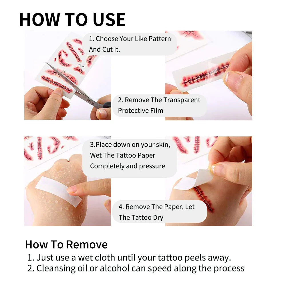 24 Sheets 3D Halloween Fake Scar & Zombie Temporary Tattoos for Adults