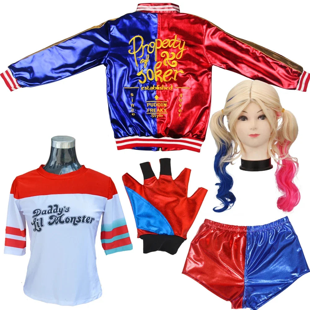 Adult Women's Joker Cosplay Costume, Halloween Party Outfit with Wig, T-shirt & Jacket