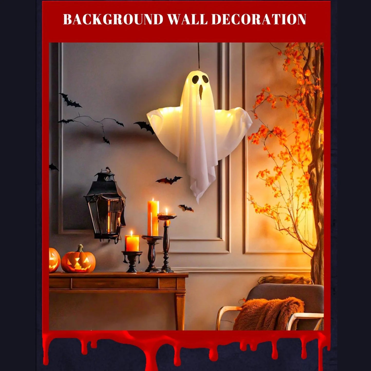 Halloween Ghost Hanging Decorations Halloween Hanging Light Up White Orange Flying Ghost Tree Window Wall Scary Ornament 50X40CM