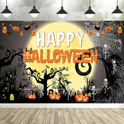 Halloween Backdrop with Horror Moon, Cemetery & Pumpkin Lantern for Parties & Photos