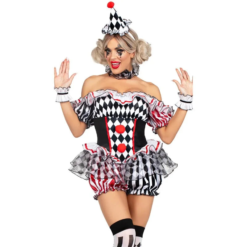 Women’s Clown Cosplay Costume, Halloween Circus Outfit, Stage Performance Dress