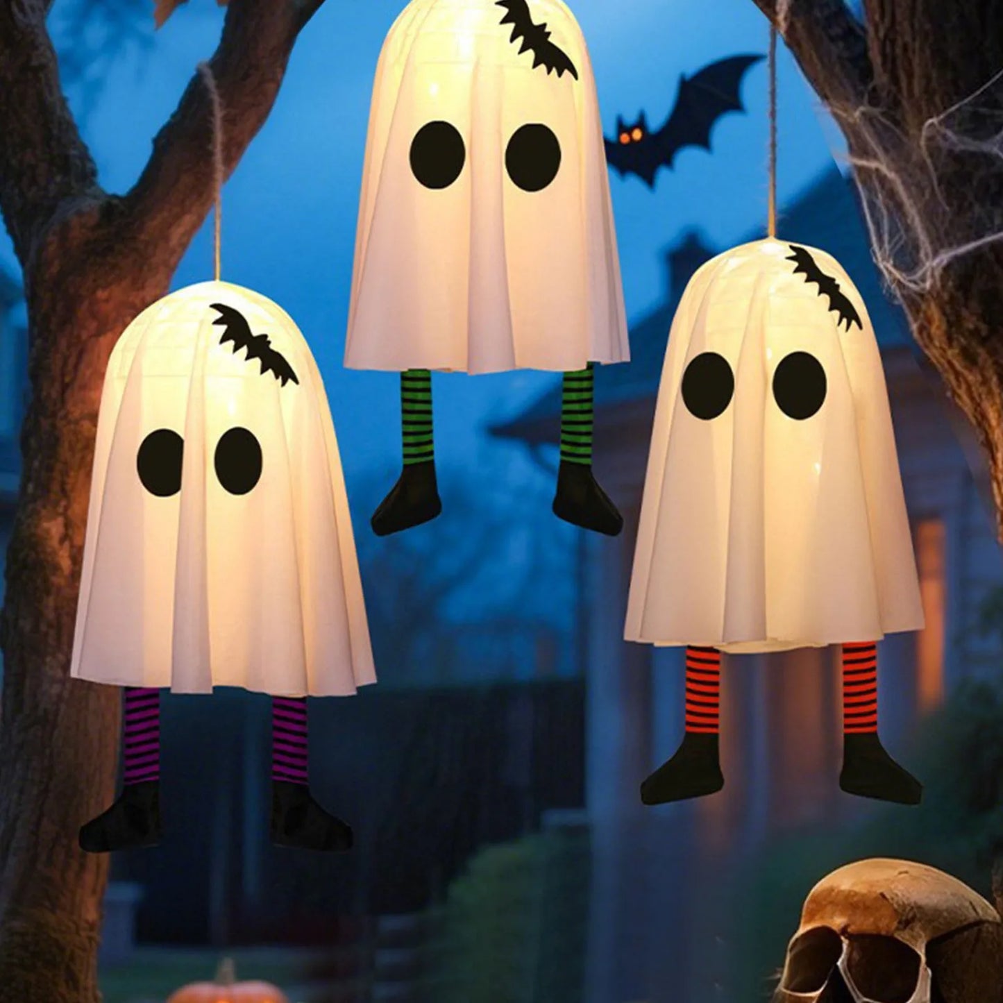 Halloween Glowing White Ghost Hanging Ghosts with Fairy Lights Halloween Outdoor Decoration 50cm Halloween Party Decoration
