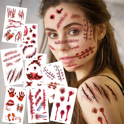 24 Sheets 3D Halloween Fake Scar & Zombie Temporary Tattoos for Adults