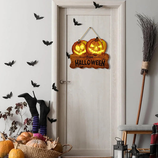Light-Up Wooden Halloween Sign with Two Jack-O'-Lanterns for Home Decoration