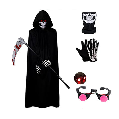 Grim Reaper Costume for Kids – Glowing Red Eyes, Gloves & Mask