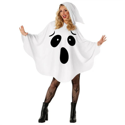 White Halloween Ghost Cloak, Spooky Trick-or-Treat Poncho with Hat