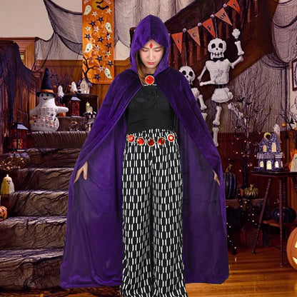 5PCS Purple Hooded Cloak, Women's Anime Cosplay with Red Gem Belt & Long Gloves