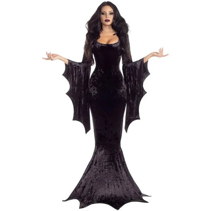 Morticia Addams Gothic Dress – Long Train Bat Sleeve Halloween Outfit