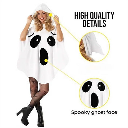 White Halloween Ghost Cloak, Spooky Trick-or-Treat Poncho with Hat