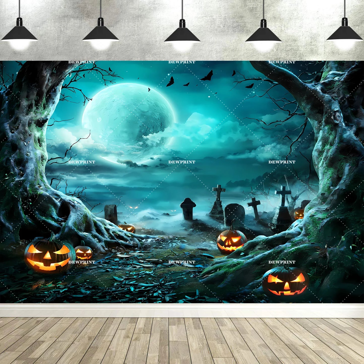 Halloween Backdrop with Horror Moon, Cemetery & Pumpkin Lantern for Parties & Photos