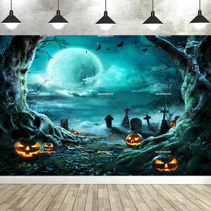Halloween Backdrop with Horror Moon, Cemetery & Pumpkin Lantern for Parties & Photos