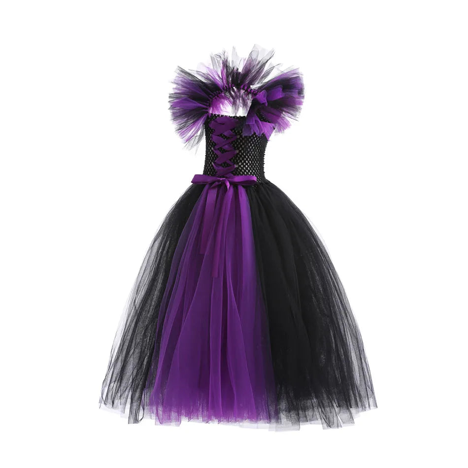 Girls Maleficent Cosplay Costume, Handmade Woven Tulle Dress, Luxury Halloween Gown