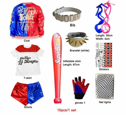 Kids Harleen Quinzel Joker Cosplay Set, Party Outfit with Jacket, Pants & T-shirt