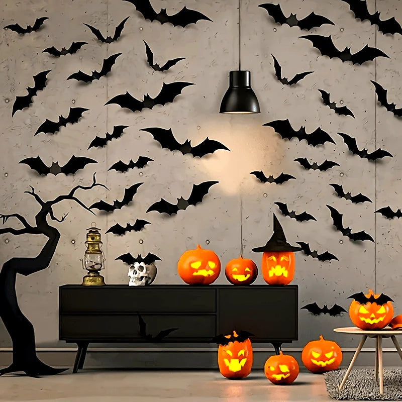 Halloween 3D Bat Wall Stickers, Black PVC Bats, Scary Party Decor