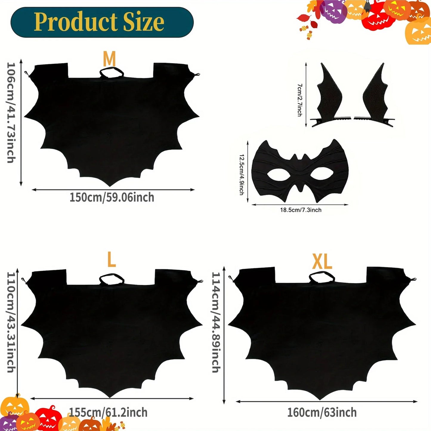 Halloween Bat Costume for Adults – Wing Cape, Eye Mask & Hair Clips