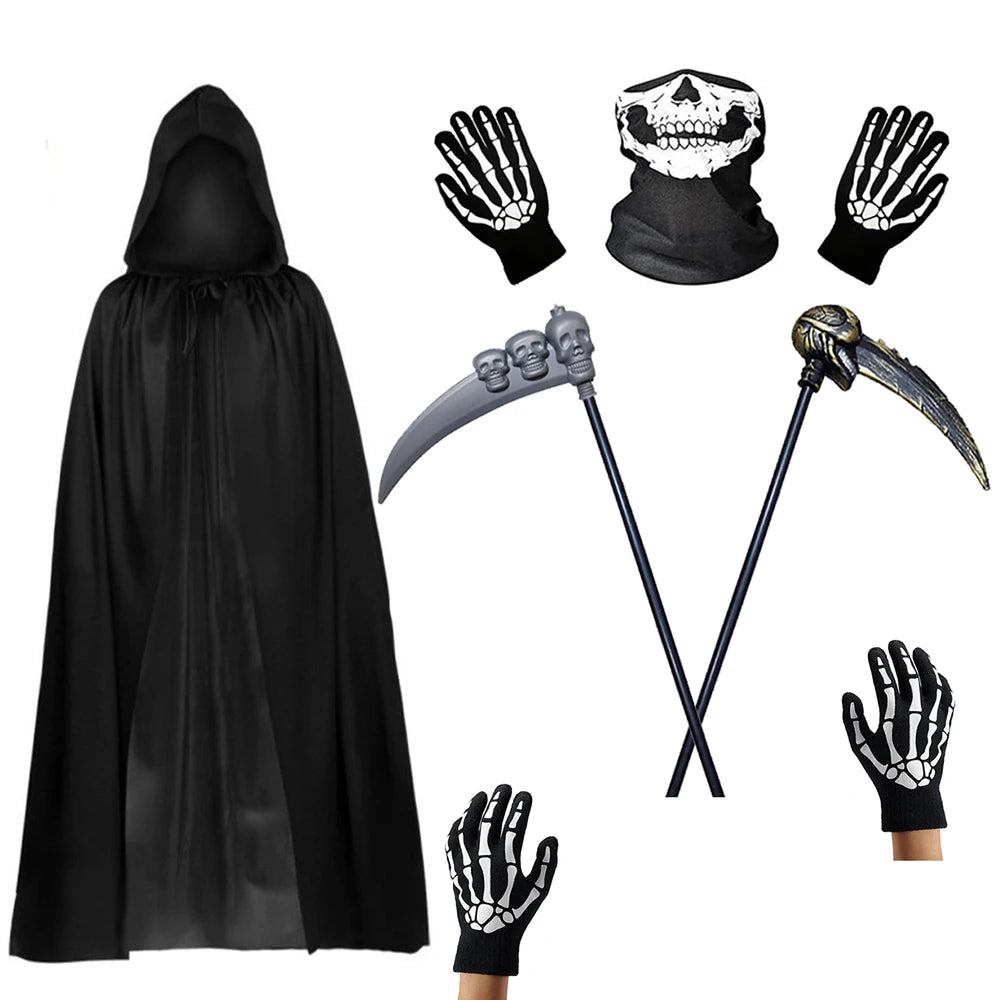 Halloween Horror Props Grim Reaper Cape, Skull Mask, Gloves, Scythe for Adults & Kids