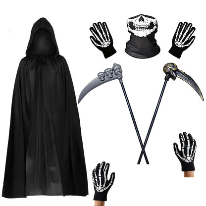 Halloween Horror Props Grim Reaper Cape, Skull Mask, Gloves, Scythe for Adults & Kids