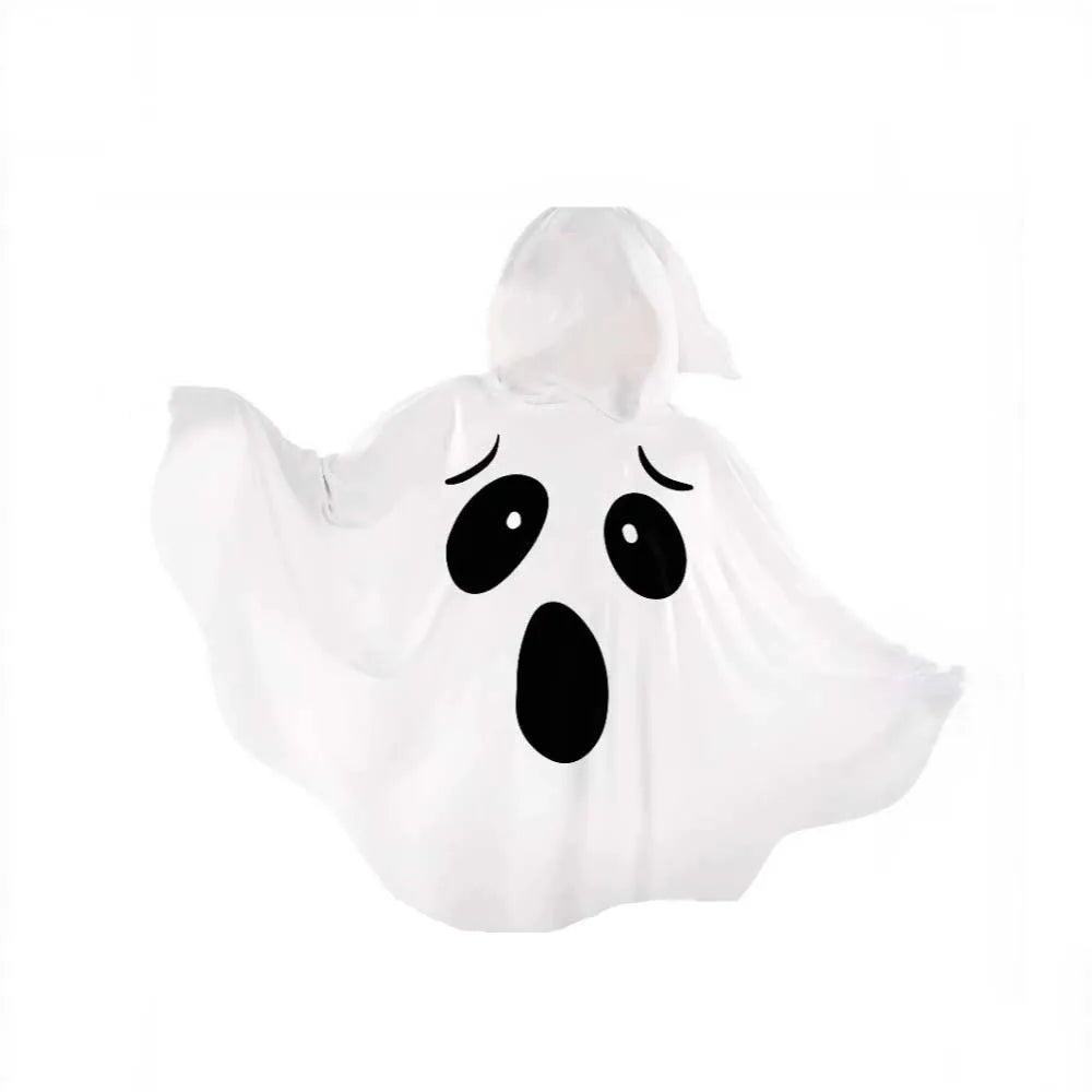 White Halloween Ghost Cloak, Spooky Trick-or-Treat Poncho with Hat