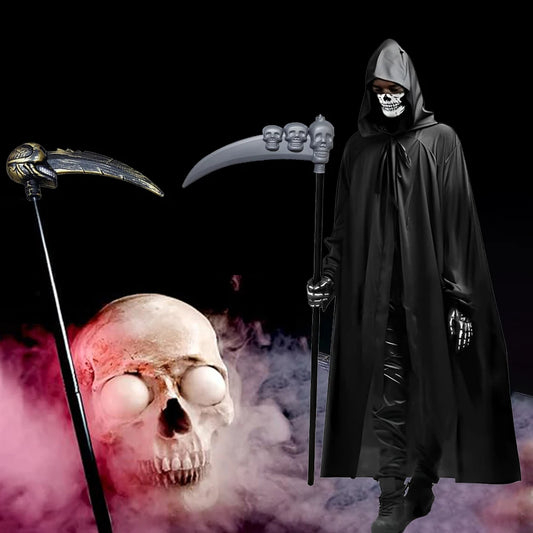 Halloween Horror Props Grim Reaper Cape, Skull Mask, Gloves, Scythe for Adults & Kids
