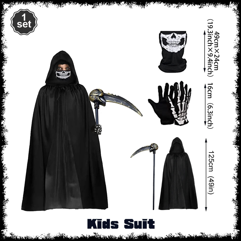 Halloween Horror Props Grim Reaper Cape, Skull Mask, Gloves, Scythe for Adults & Kids