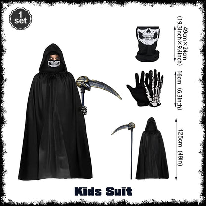 Halloween Horror Props Grim Reaper Cape, Skull Mask, Gloves, Scythe for Adults & Kids