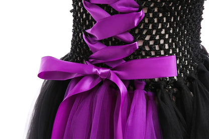 Girls Maleficent Cosplay Costume, Handmade Woven Tulle Dress, Luxury Halloween Gown