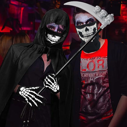 Halloween Horror Props Grim Reaper Cape, Skull Mask, Gloves, Scythe for Adults & Kids