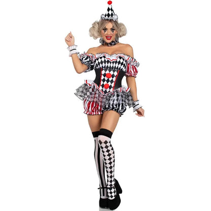 Women’s Clown Cosplay Costume, Halloween Circus Outfit, Stage Performance Dress