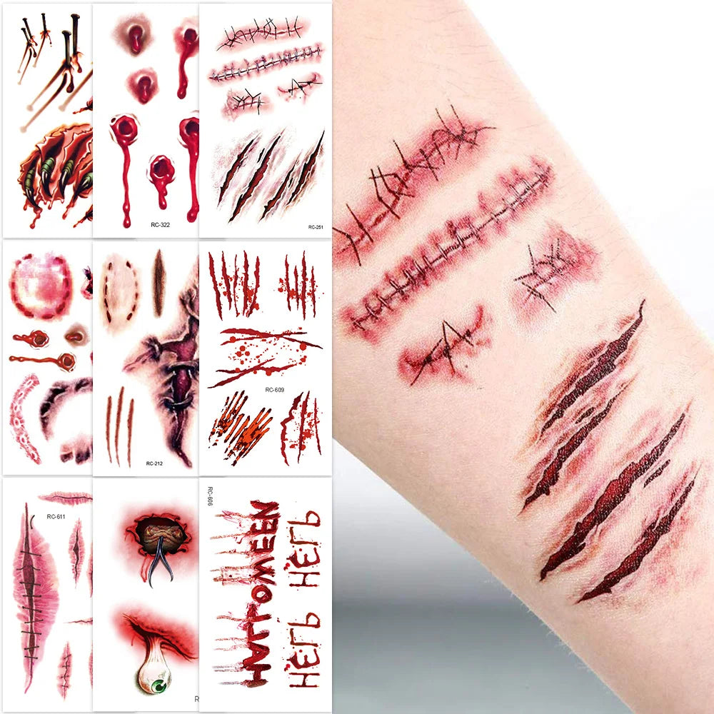 24 Sheets 3D Halloween Fake Scar & Zombie Temporary Tattoos for Adults