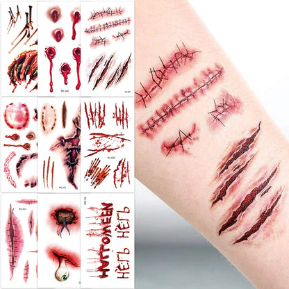 24 Sheets 3D Halloween Fake Scar & Zombie Temporary Tattoos for Adults