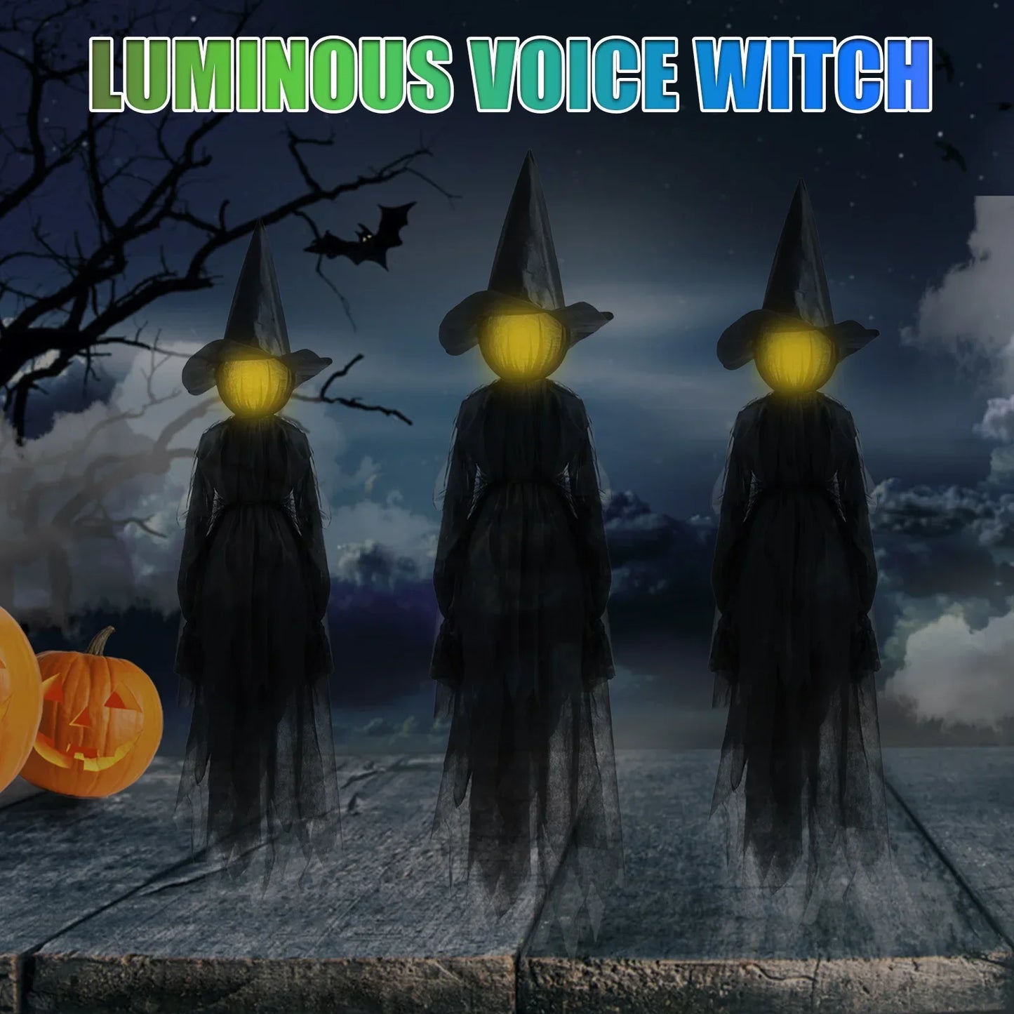 Halloween Colorful Glow 3 Hand-Holding Witches Sound-Activated Light-Up Decoration