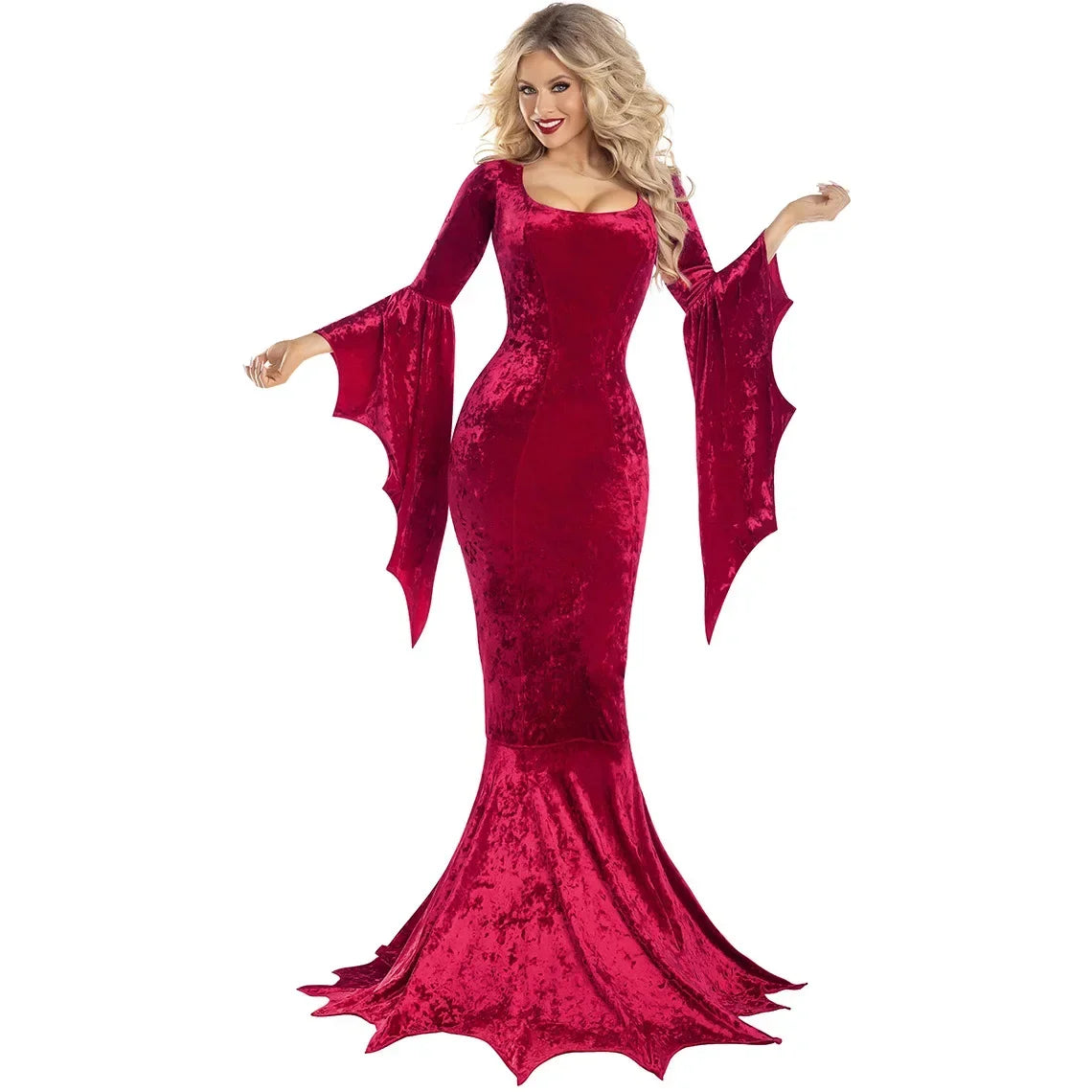 Morticia Addams Gothic Dress – Long Train Bat Sleeve Halloween Outfit