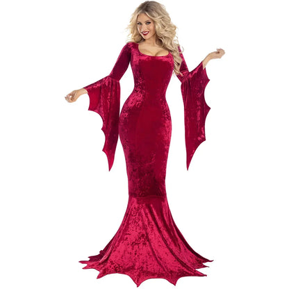 Morticia Addams Gothic Dress – Long Train Bat Sleeve Halloween Outfit