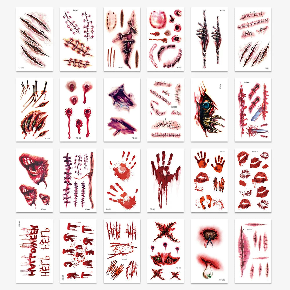 24 Sheets 3D Halloween Fake Scar & Zombie Temporary Tattoos for Adults