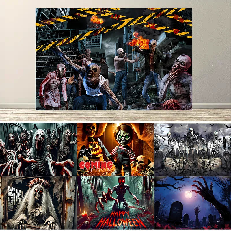 Zombie Horror Halloween Backdrop – Bloody Ghost Shadow Banner