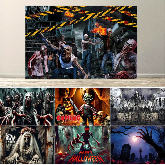 Zombie Horror Halloween Backdrop – Bloody Ghost Shadow Banner