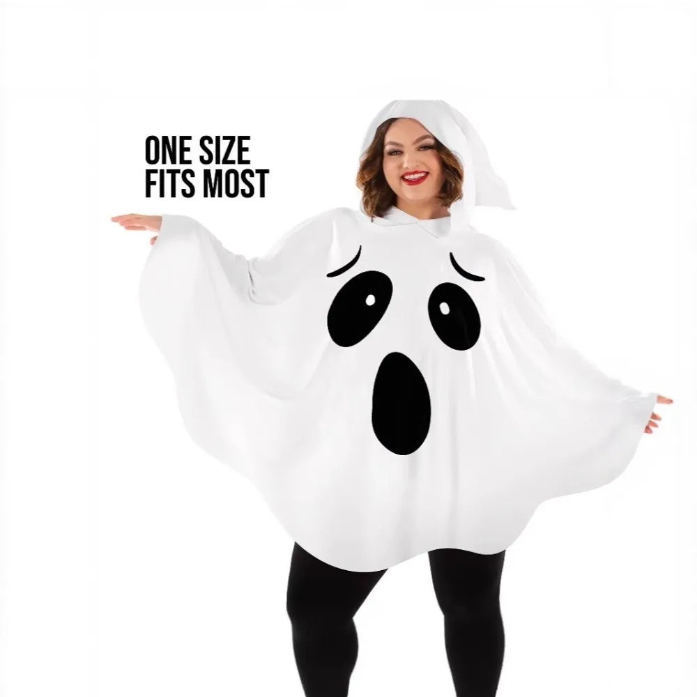 White Halloween Ghost Cloak, Spooky Trick-or-Treat Poncho with Hat