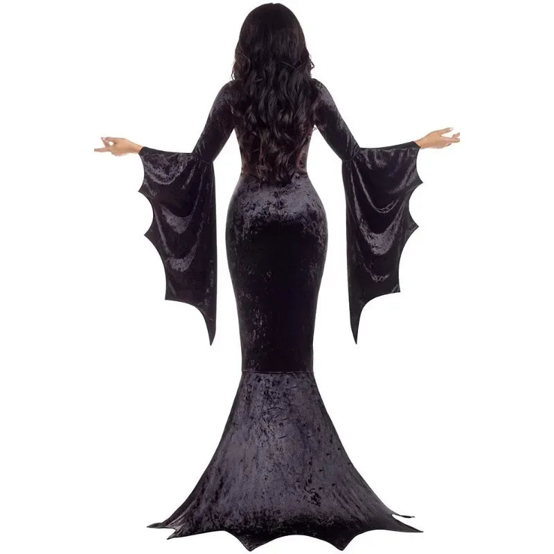 Morticia Addams Gothic Dress – Long Train Bat Sleeve Halloween Outfit