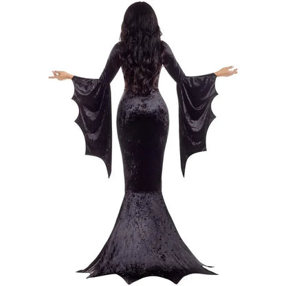 Morticia Addams Gothic Dress – Long Train Bat Sleeve Halloween Outfit