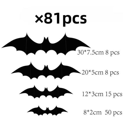 Halloween 3D Bat Wall Stickers, Black PVC Bats, Scary Party Decor