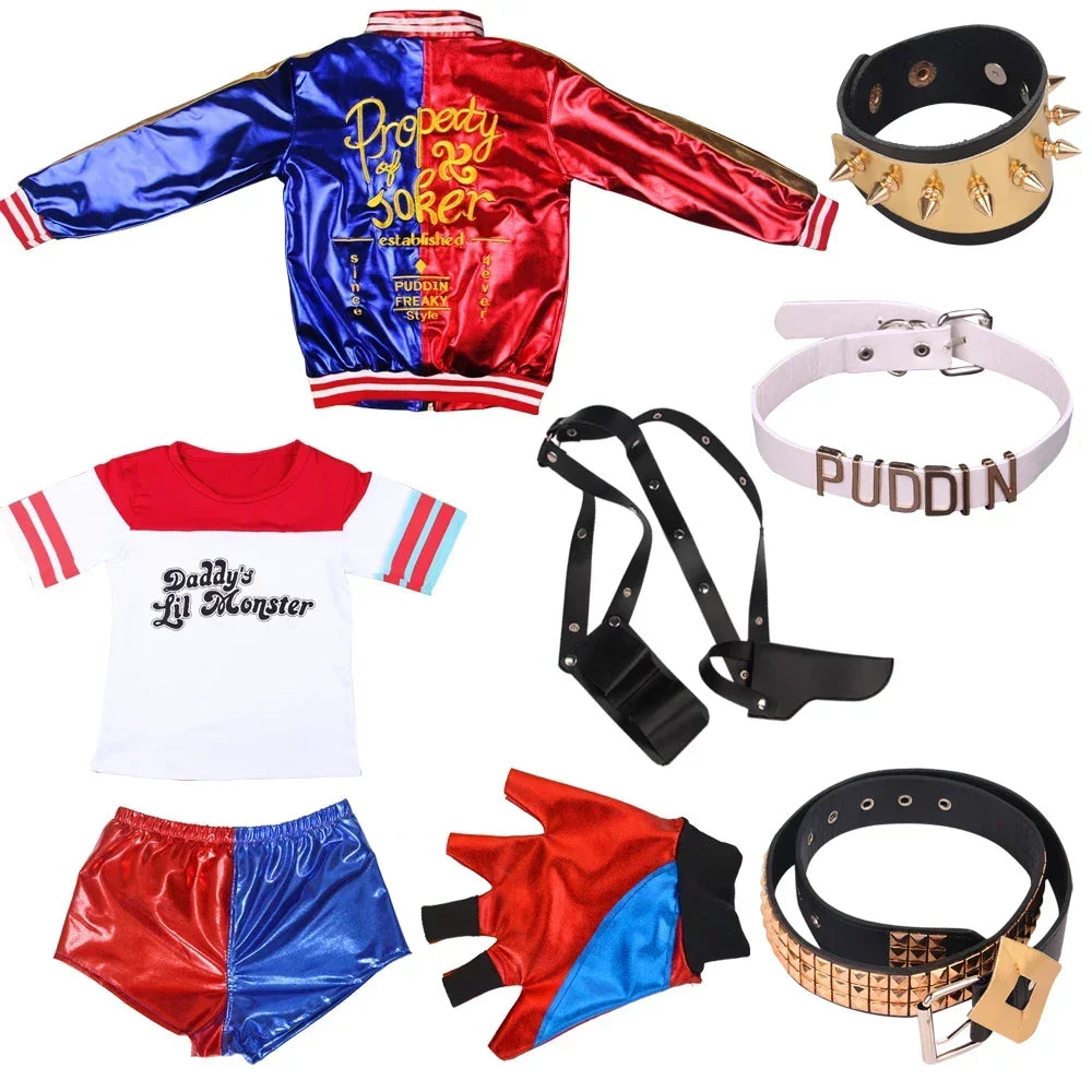 Adult Women's Joker Cosplay Costume, Halloween Party Outfit with Wig, T-shirt & Jacket