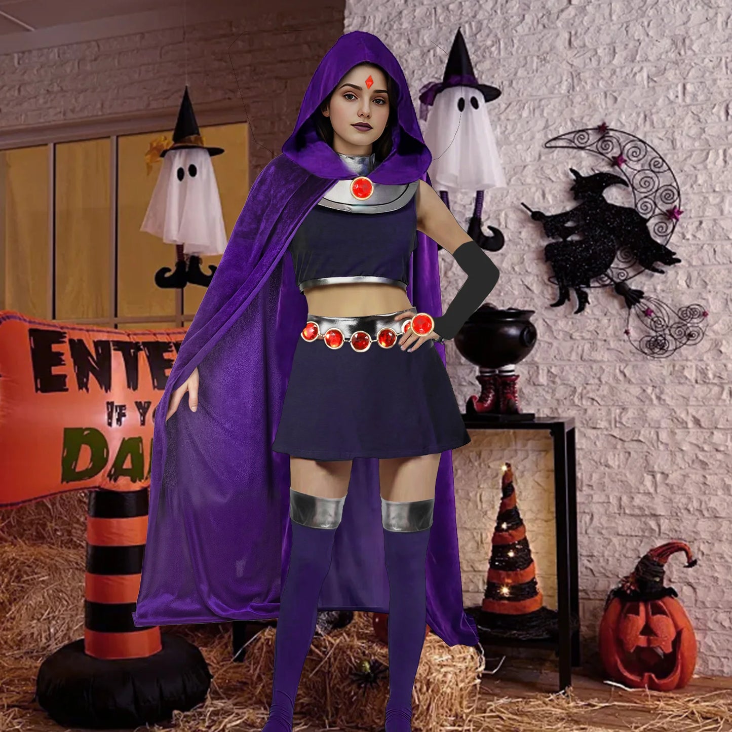 5PCS Purple Hooded Cloak, Women's Anime Cosplay with Red Gem Belt & Long Gloves