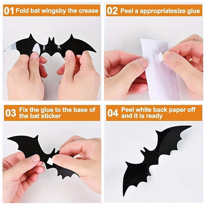 Halloween 3D Bat Wall Stickers, Black PVC Bats, Scary Party Decor