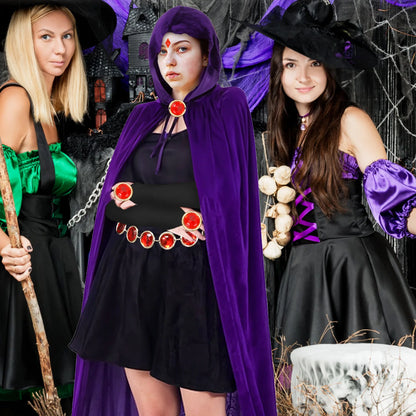 5PCS Purple Hooded Cloak, Women's Anime Cosplay with Red Gem Belt & Long Gloves