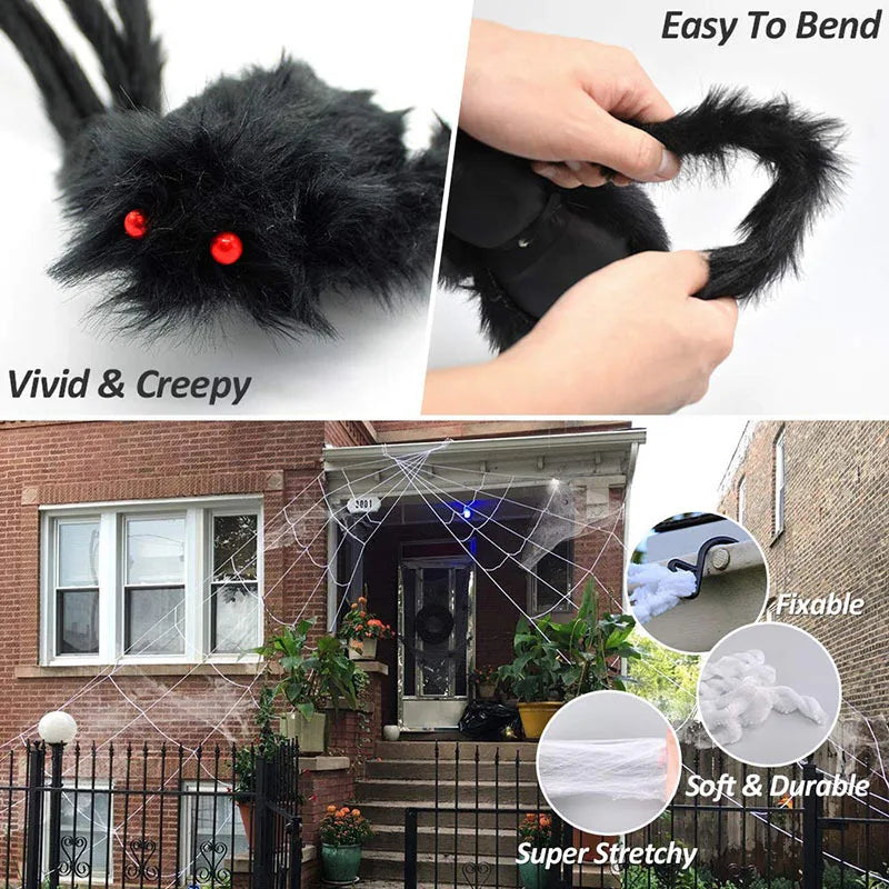 Giant Halloween Black Spider (30/90/150cm) with Web for Home & Haunted House Decor