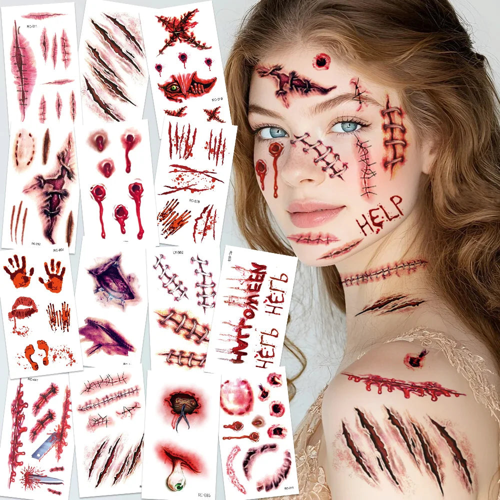 24 Sheets 3D Halloween Fake Scar & Zombie Temporary Tattoos for Adults