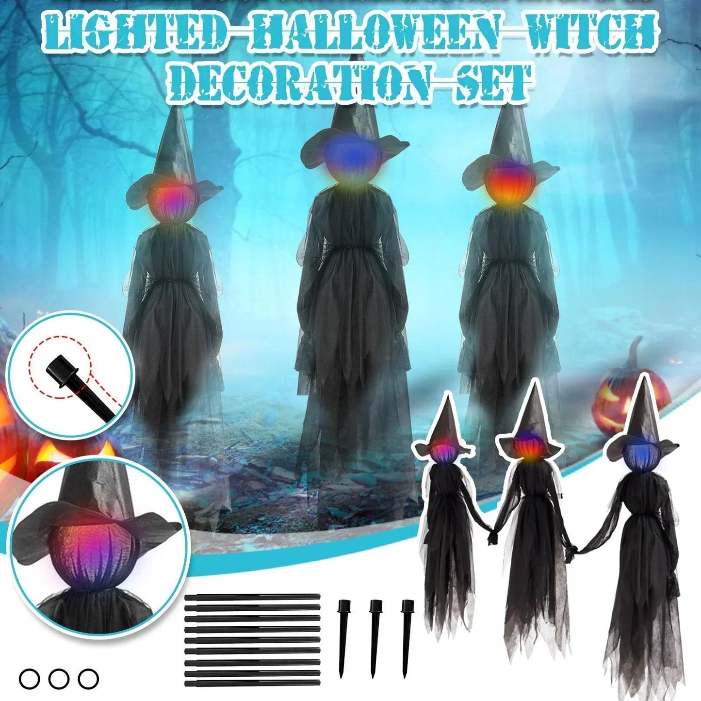 Halloween Colorful Glow 3 Hand-Holding Witches Sound-Activated Light-Up Decoration