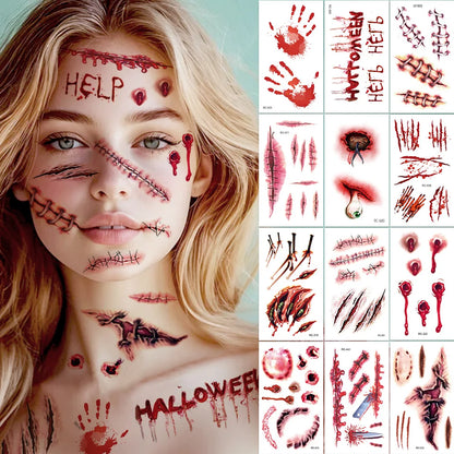 24 Sheets 3D Halloween Fake Scar & Zombie Temporary Tattoos for Adults