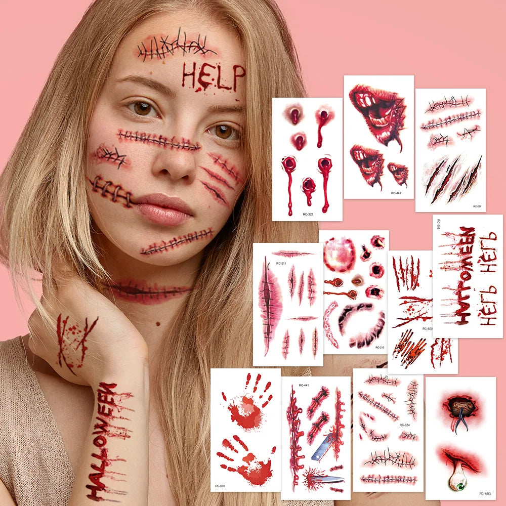 24 Sheets 3D Halloween Fake Scar & Zombie Temporary Tattoos for Adults
