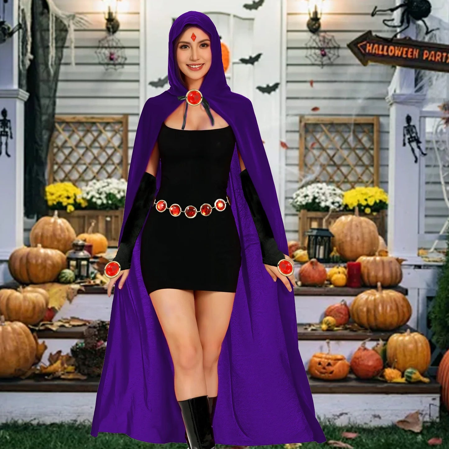 5PCS Purple Hooded Cloak, Women's Anime Cosplay with Red Gem Belt & Long Gloves